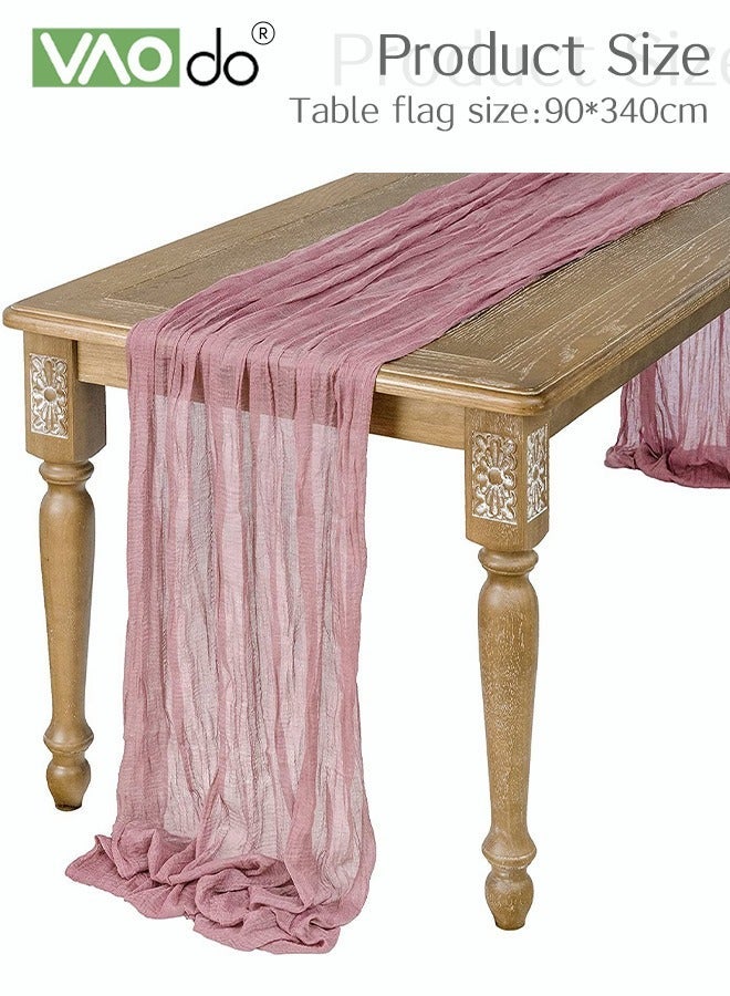 فاو دو مفرش طاولة طويل شبه شفاف، مفرش طاولة ريفي بوهو، زخرفة طاولة من القماش بأسلوب عصري لحفلات الزفاف وأعياد الميلاد والمهرجانات باللون الوردي - Image 1