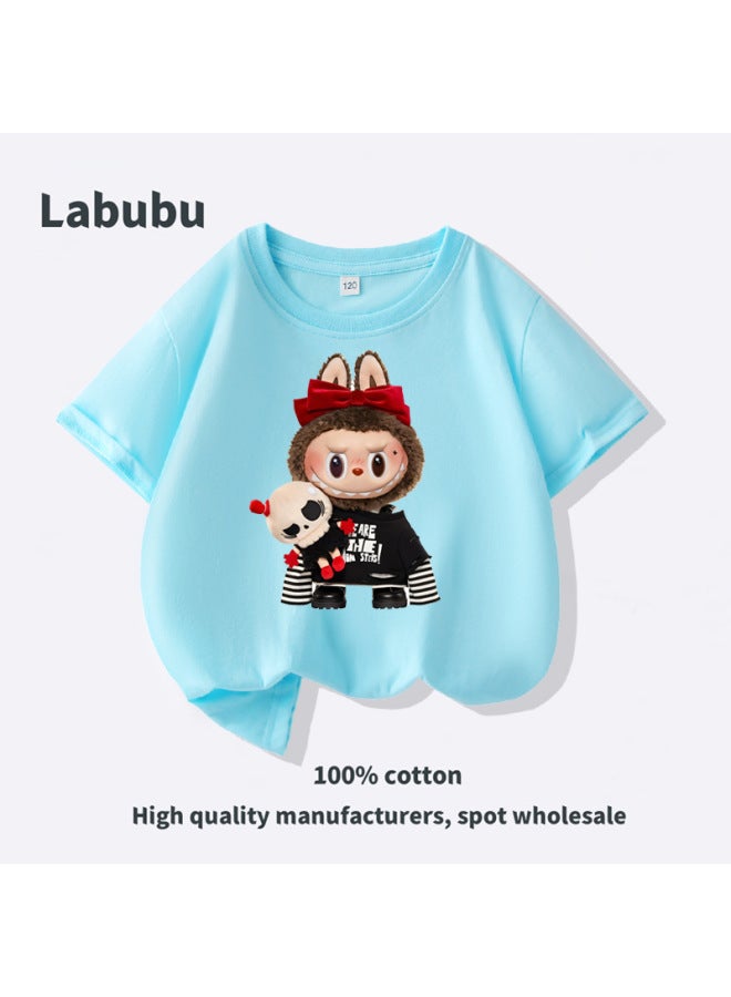 Overseas Labubu Cool Black Style Doll Labubu Summer Pure Cotton Short Sleeve Children's Wear Parent-child Matching T-shirt
