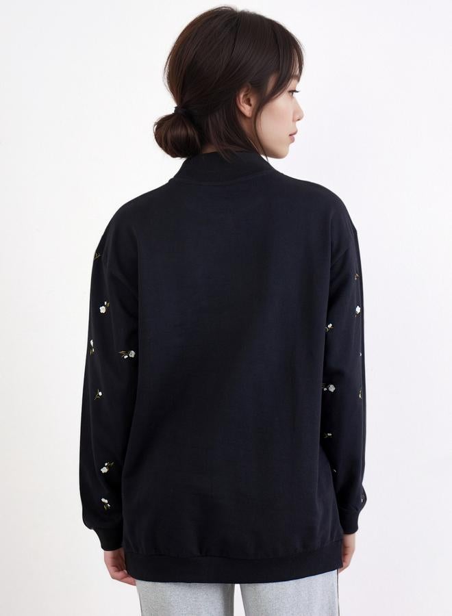 ستايلي سويت شيرت أسود طويل مطرز بقصة عادية - Image 4