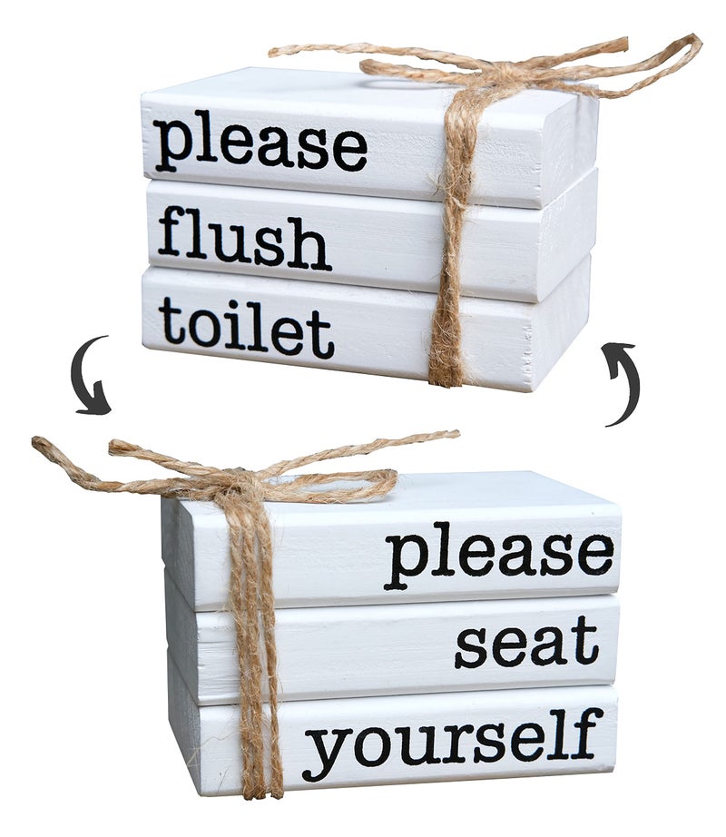 LIVDUCOT Farmhouse Mini Bathroom Sign Decor Funny Wooden Book Stack for Bathroom Tray Decor Bathroom Shelf Sitter 2 Signs in 1 Reversible Mini Book Set of 3 for Restroom Wooden Rustic Sign - Image 1