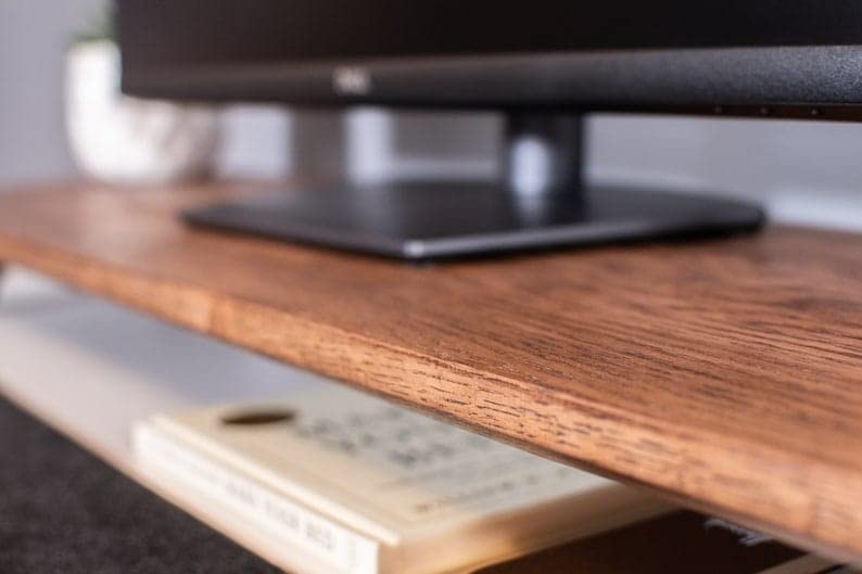 carpentray Wooden Computer Long Monitor Stand, Monitor Riser Desk Shelf Desktop Legs Stand TV Laptop Riser with Keyboard Storage Desk (Walnut Finish) (Black Legs) - Image 5
