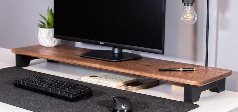 carpentray Wooden Computer Long Monitor Stand, Monitor Riser Desk Shelf Desktop Legs Stand TV Laptop Riser with Keyboard Storage Desk (Walnut Finish) (Black Legs) - Image 1