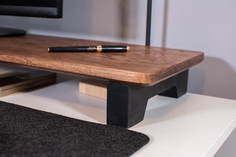 carpentray Wooden Computer Long Monitor Stand, Monitor Riser Desk Shelf Desktop Legs Stand TV Laptop Riser with Keyboard Storage Desk (Walnut Finish) (Black Legs) - Image 3