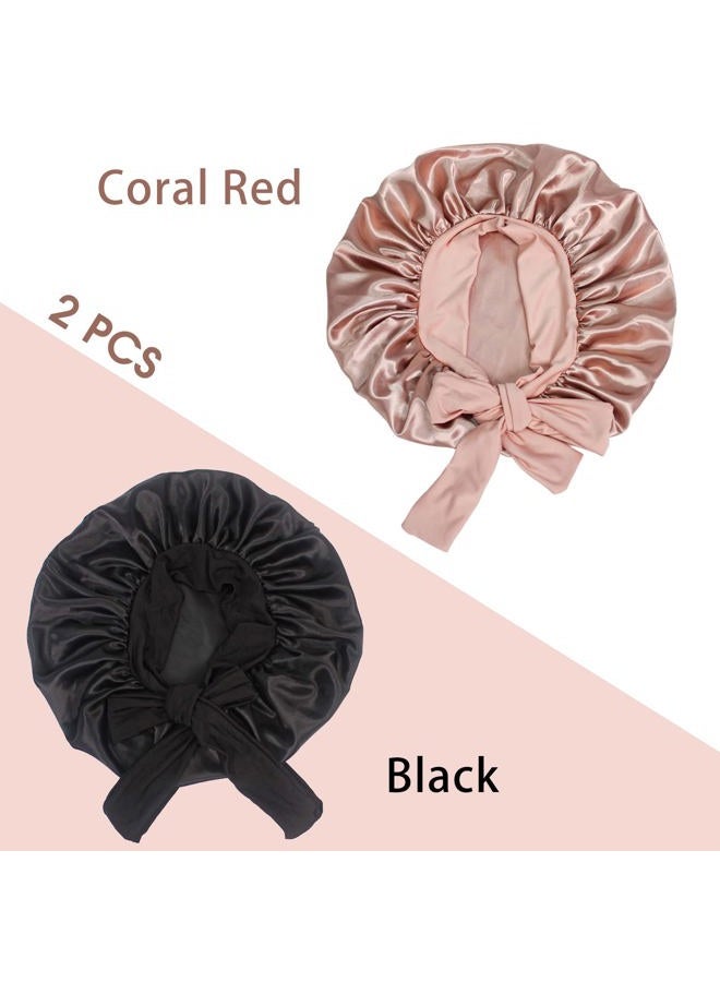 Hanbertti 2 Pack Silk Satin Hair Bonnet with Stretch Tie Band for Curly Hair Sleeping Adult Women Girls (Black+Coral Red) - Image 3
