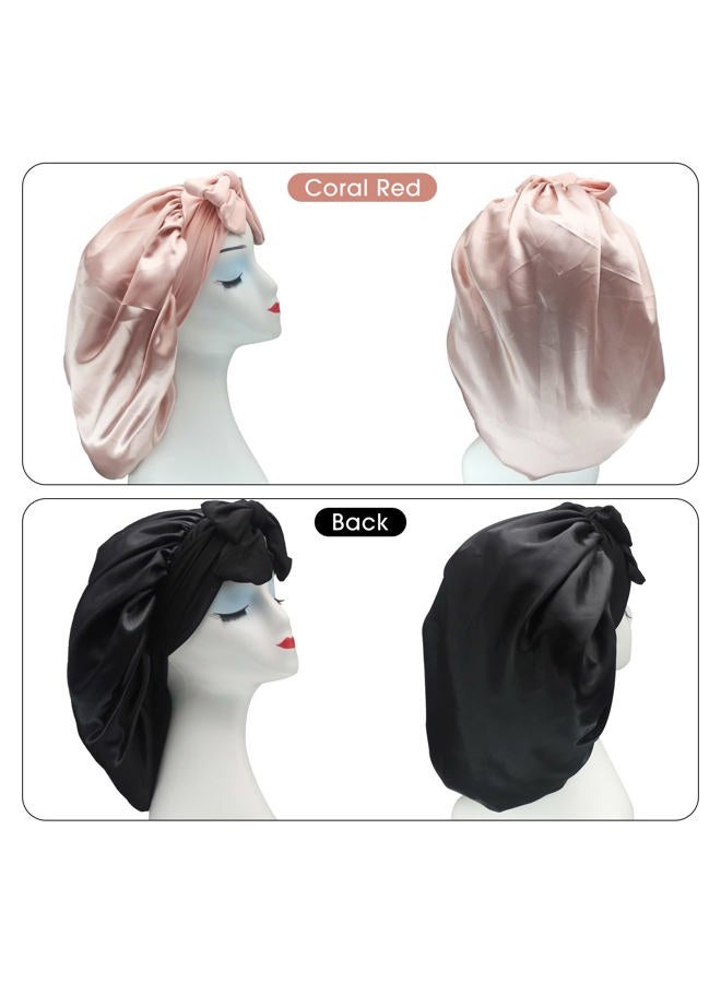 Hanbertti 2 Pack Silk Satin Hair Bonnet with Stretch Tie Band for Curly Hair Sleeping Adult Women Girls (Black+Coral Red) - Image 2