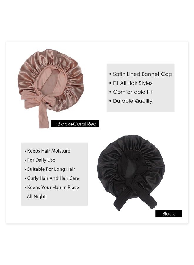 Hanbertti 2 Pack Silk Satin Hair Bonnet with Stretch Tie Band for Curly Hair Sleeping Adult Women Girls (Black+Coral Red) - Image 4