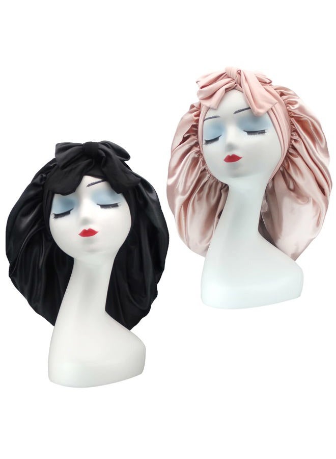 Hanbertti 2 Pack Silk Satin Hair Bonnet with Stretch Tie Band for Curly Hair Sleeping Adult Women Girls (Black+Coral Red) - Image 1