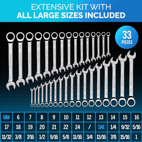 TOOLGUARDS Complete Ratcheting Wrench Set 33pcs - Metric and Standard - Combination Ratchet Wrench Set - 100% Lifetime Satisfaction Guarantee - Large - Image 2