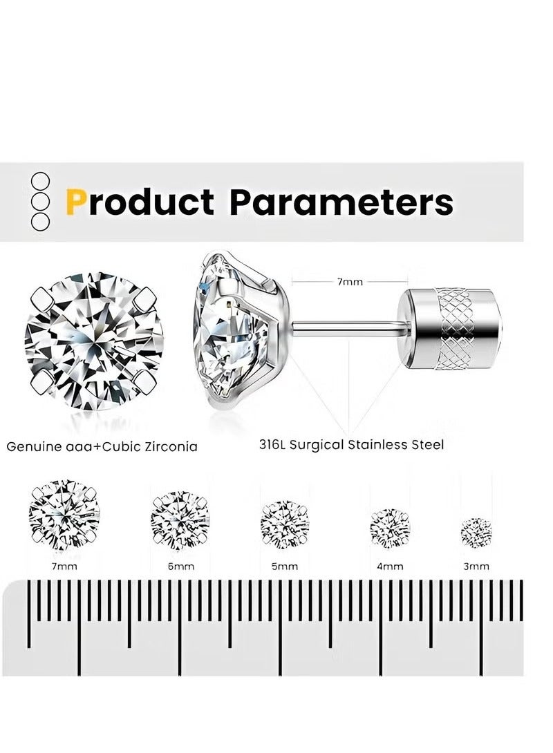 5 PCS Stud Earrings Set, Hypoallergenic Cubic Zirconia 316L Earrings Stainless Steel CZ Earrings 3-7mm (Steel color) - Image 4