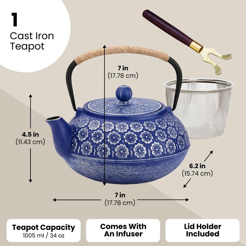 Juvale Japanese Cast Iron Teapot with Infuser & Stovetop Tea Kettle - 34 oz, Blue - Heat Retention, Removable Lid & Fold-Down Handle - Image 4