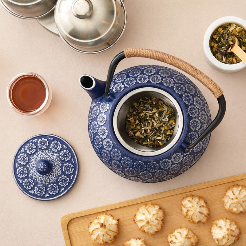 Juvale Japanese Cast Iron Teapot with Infuser & Stovetop Tea Kettle - 34 oz, Blue - Heat Retention, Removable Lid & Fold-Down Handle - Image 3