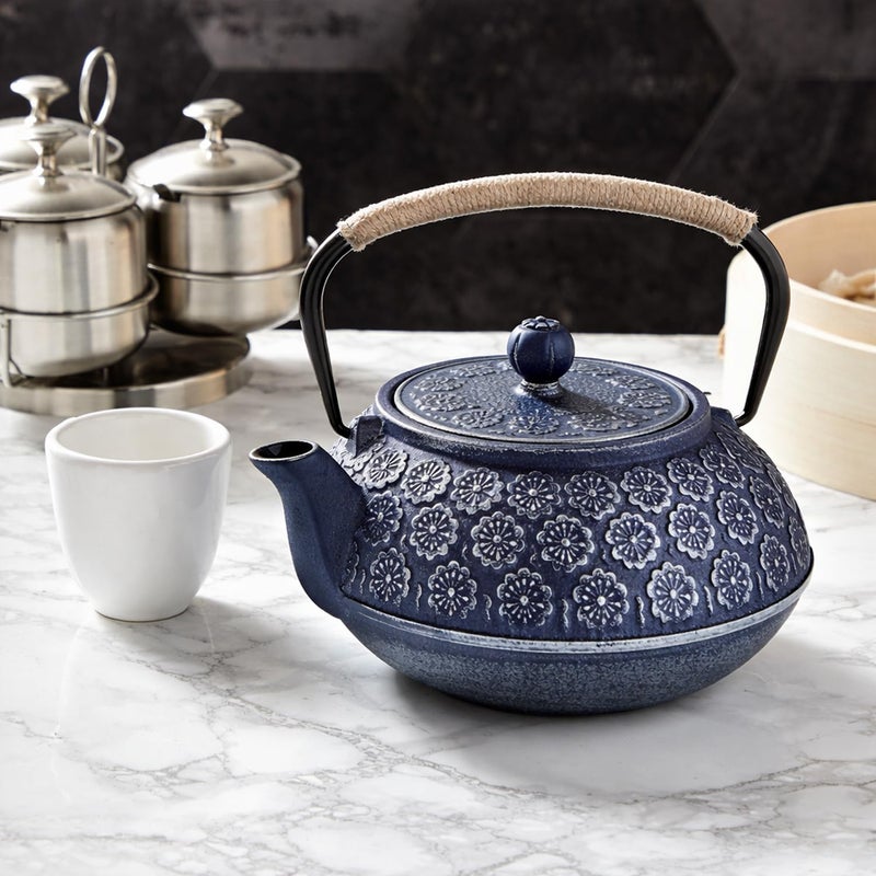 Juvale Japanese Cast Iron Teapot with Infuser & Stovetop Tea Kettle - 34 oz, Blue - Heat Retention, Removable Lid & Fold-Down Handle - Image 5