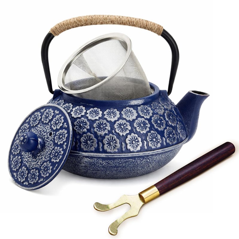 Juvale Japanese Cast Iron Teapot with Infuser & Stovetop Tea Kettle - 34 oz, Blue - Heat Retention, Removable Lid & Fold-Down Handle - Image 1