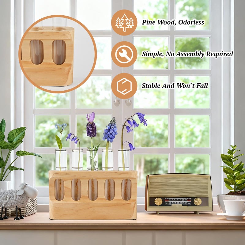 Tigvio Plant Propagation Station with 9-Level Dimmable LED Light, 5 Glass Test Tube Vases, Wooden Stand for Hydroponic Plants, Gardening Gift for Women & Plant Lovers, Desktop Terrarium & Home Decor - Image 3