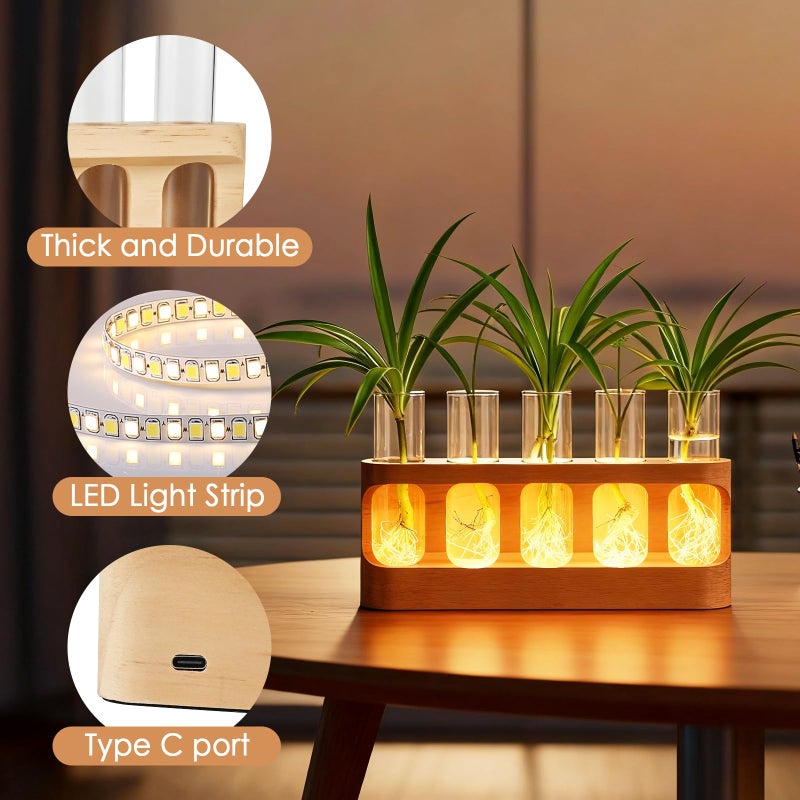 Tigvio Plant Propagation Station with 9-Level Dimmable LED Light, 5 Glass Test Tube Vases, Wooden Stand for Hydroponic Plants, Gardening Gift for Women & Plant Lovers, Desktop Terrarium & Home Decor - Image 4