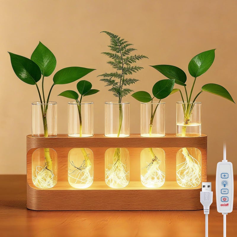 Tigvio Plant Propagation Station with 9-Level Dimmable LED Light, 5 Glass Test Tube Vases, Wooden Stand for Hydroponic Plants, Gardening Gift for Women & Plant Lovers, Desktop Terrarium & Home Decor - Image 1