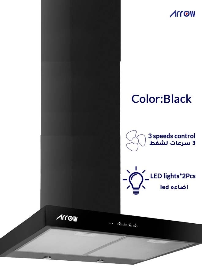 Arrow Black Wall Mounted Kitchen Range Hood 60cm, 270 Watts, High Speed Copper Motor, Powerful Suction, Remote Control, Round LED Light | Aluminum & Carbon Filters, 2 Years Warranty, RO-60RHMB - Image 2