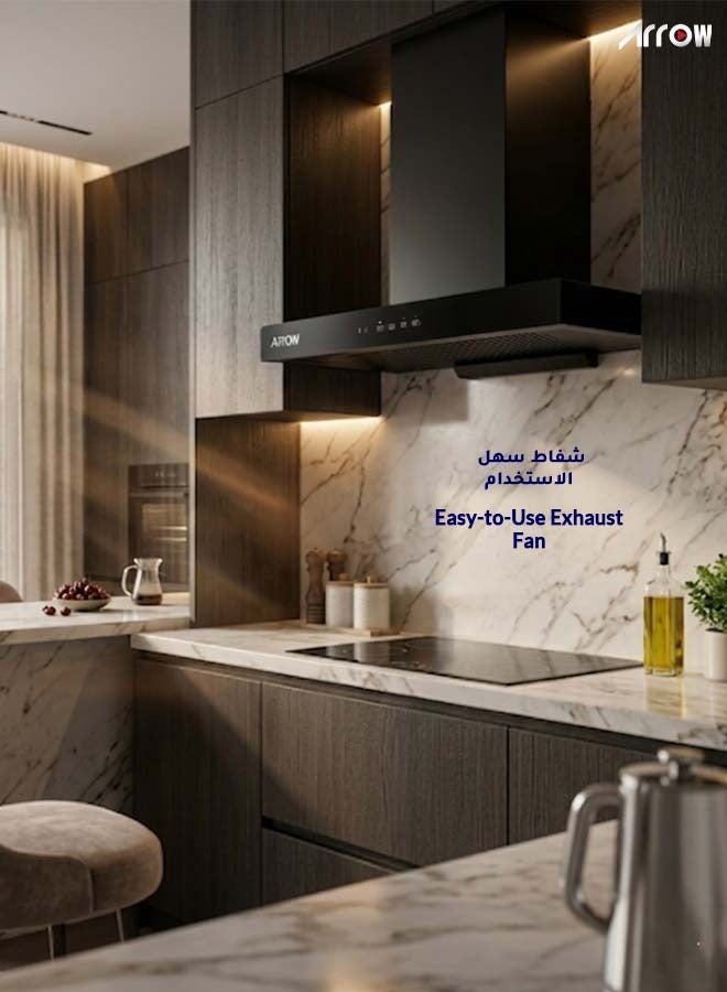 Arrow Black Wall Mounted Kitchen Range Hood 60cm, 270 Watts, High Speed Copper Motor, Powerful Suction, Remote Control, Round LED Light | Aluminum & Carbon Filters, 2 Years Warranty, RO-60RHMB - Image 4