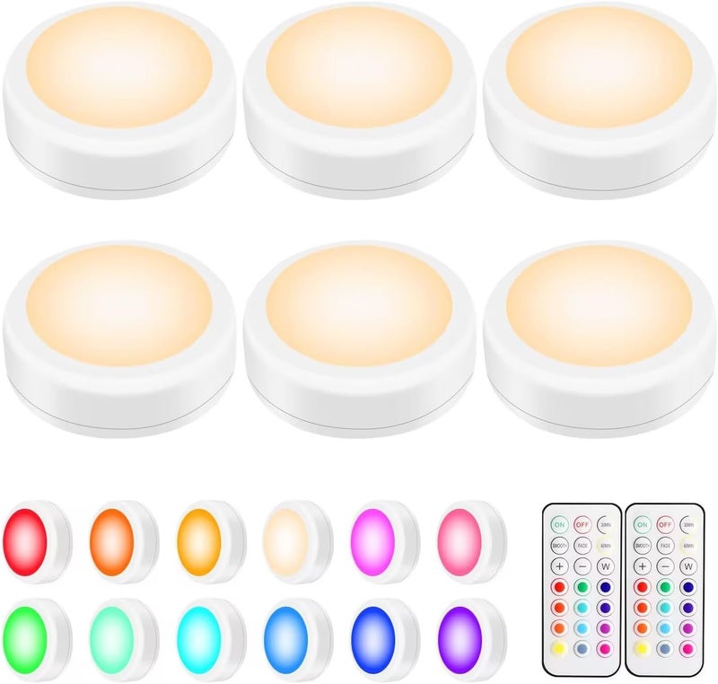 BLS LED Puck Lights with Remote Control, Wireless Under Cabinet & Closet Lighting, RGB 13 Color Changing Lights with Dimmer, Timer & AA Battery Operated, Push, Touch, Stick on for Night, Wall, 6 Pack - Image 1