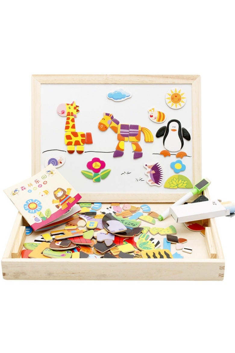 Wooden Magnetic Puzzle Toy Forest Adventure Theme Kids Educational Montessori Toy Creative Learning Game Double-Sided Drawing Board Gift Box Interactive Playset For Toddlers & Preschoolers