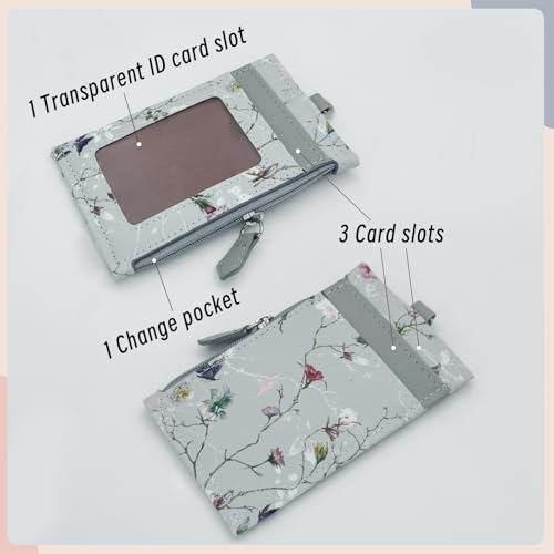 AdiStylinno ID Badge Holder, Leather Slim Lanyard Wallet Purse with Elastic Removable Lanyard Strap Exquisite Floral Design Purse with 1ID Window, 3 Card Slots and 1 Side Zipper Pocket (Gray) - Image 3