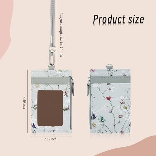 AdiStylinno ID Badge Holder, Leather Slim Lanyard Wallet Purse with Elastic Removable Lanyard Strap Exquisite Floral Design Purse with 1ID Window, 3 Card Slots and 1 Side Zipper Pocket (Gray) - Image 4