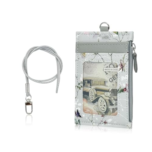 AdiStylinno ID Badge Holder, Leather Slim Lanyard Wallet Purse with Elastic Removable Lanyard Strap Exquisite Floral Design Purse with 1ID Window, 3 Card Slots and 1 Side Zipper Pocket (Gray) - Image 1
