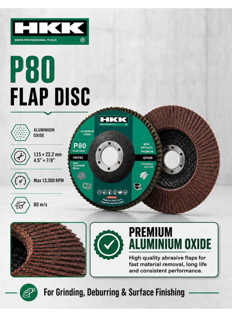 ح ك ك مجموعة مكونة من 120 قطعة تشمل أقراص قطع وأقراص صنفرة ريشية (Flap Disc) بحبيبات P80؛ مقاس 115 مم (4.5 بوصة) لقطع المعادن والتجليخ، بفتحة مركزية 22.23 مم وسرعة دوران 13,300 دورة في الدقيقة؛ مناسبة للفولاذ والفولاذ المقاوم للصدأ، ولعمليات إزالة النتوءات والتشطيب النهائي. - Image 4
