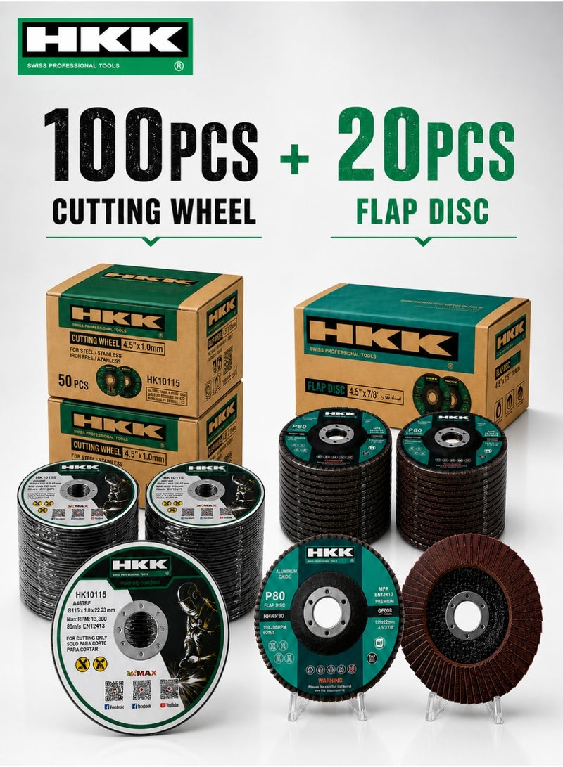 ح ك ك مجموعة مكونة من 120 قطعة تشمل أقراص قطع وأقراص صنفرة ريشية (Flap Disc) بحبيبات P80؛ مقاس 115 مم (4.5 بوصة) لقطع المعادن والتجليخ، بفتحة مركزية 22.23 مم وسرعة دوران 13,300 دورة في الدقيقة؛ مناسبة للفولاذ والفولاذ المقاوم للصدأ، ولعمليات إزالة النتوءات والتشطيب النهائي. - Image 5
