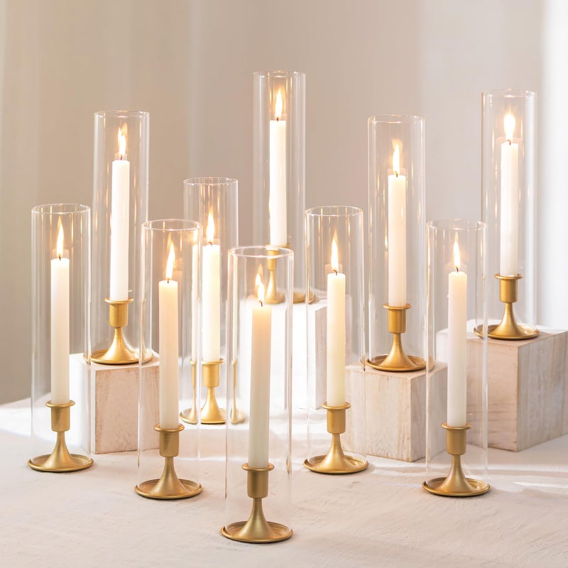 Romadedi Hurricane Candlestick Holders Gold - 10 Pcs Taper Candle Holders Bulk Tall Clear Glass Cylinder for Wedding Table Centerpieces Party Decor Birthday Christmas Home Decorations - Image 1