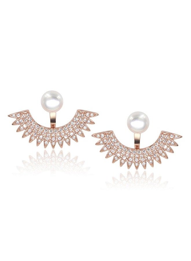 Lemon Grass 5mm Pearl Stud Front-Back Micropave Jacket Earrings 14K Rose Gold Plated - Image 1