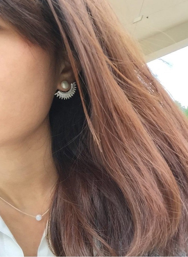 Lemon Grass 5mm Pearl Stud Front-Back Micropave Jacket Earrings 14K Rose Gold Plated - Image 4