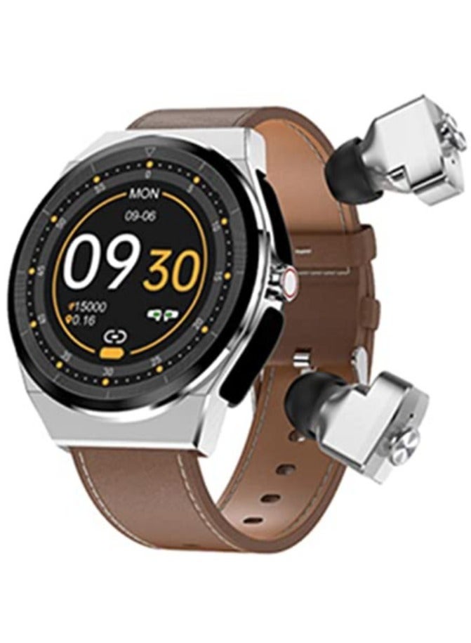 AROAQ JM08 Smart Watch with Built-In TWS Earbuds 2-in-1 Bluetooth Calling and Wireless Music Playback Fitness Tracker Black Leather