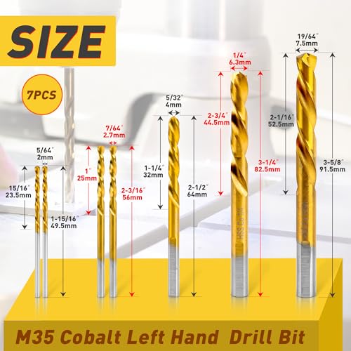 SMJXTOP 7PCS M35 Cobalt Left Hand Drill Bits Set for Removing Broken Stubs, Bolts and Screws, Reverse Twist Drill Bits, 5/64",7/64",5/32",1/4",19/64" - Image 2
