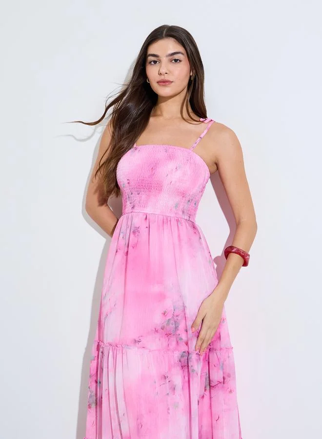 Styli Pink Tie Dye Print Strappy Tiered Maxi Dress