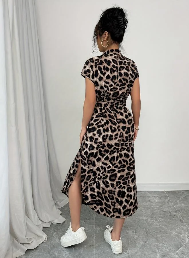 تايك تو Brown Leopard Print Shirt Midi Dress