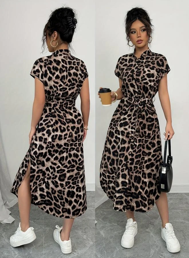 تايك تو Brown Leopard Print Shirt Midi Dress