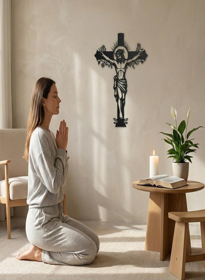 FANTAART Black Metal Jesus Cross Wall Decor, 15''x12'' Crucifix Gifts Blessed for Mother's Day Women Grandma Friends,Modern Farmhouse Wall Sculpture Christian Housewarming Decoration for Entryway Bedroom Living Room Church Home Office Indoor Outdoor (Black Jesus) - Image 3