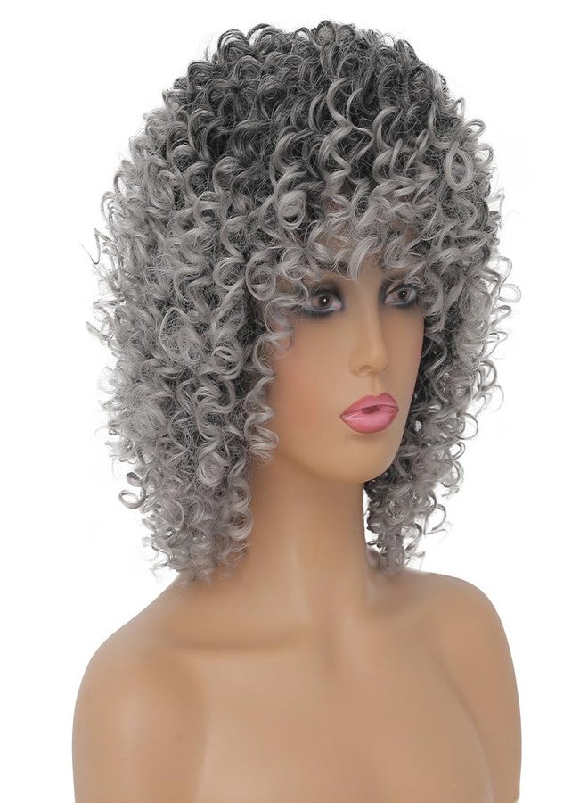 Dai Cloud Grey Afro Curly Wigs for Black Women Dark Roots with Bangs Wig Short Wave Kinky Synthetic Daily Use Wig - Image 3