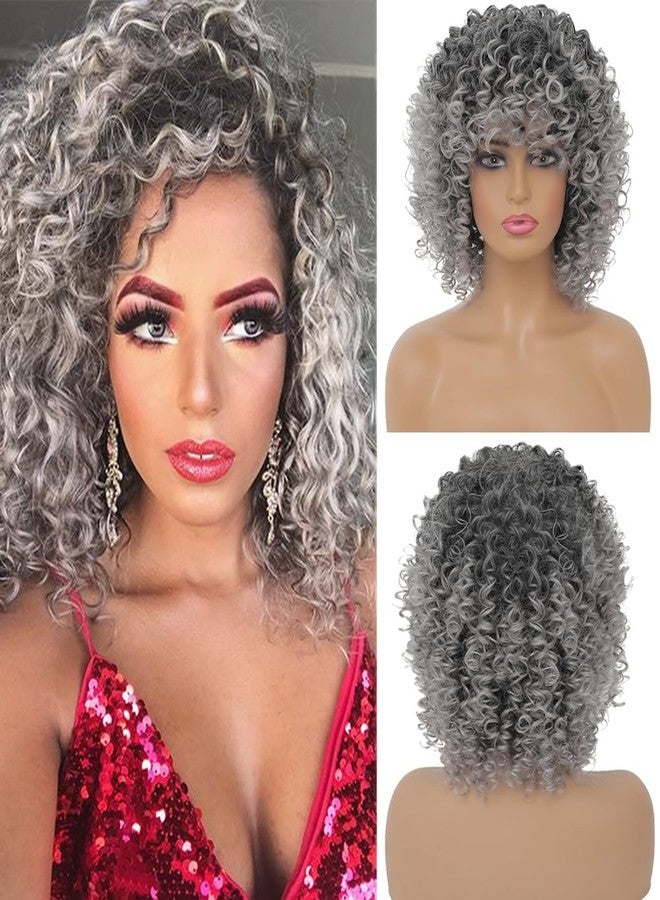 Dai Cloud Grey Afro Curly Wigs for Black Women Dark Roots with Bangs Wig Short Wave Kinky Synthetic Daily Use Wig - Image 1