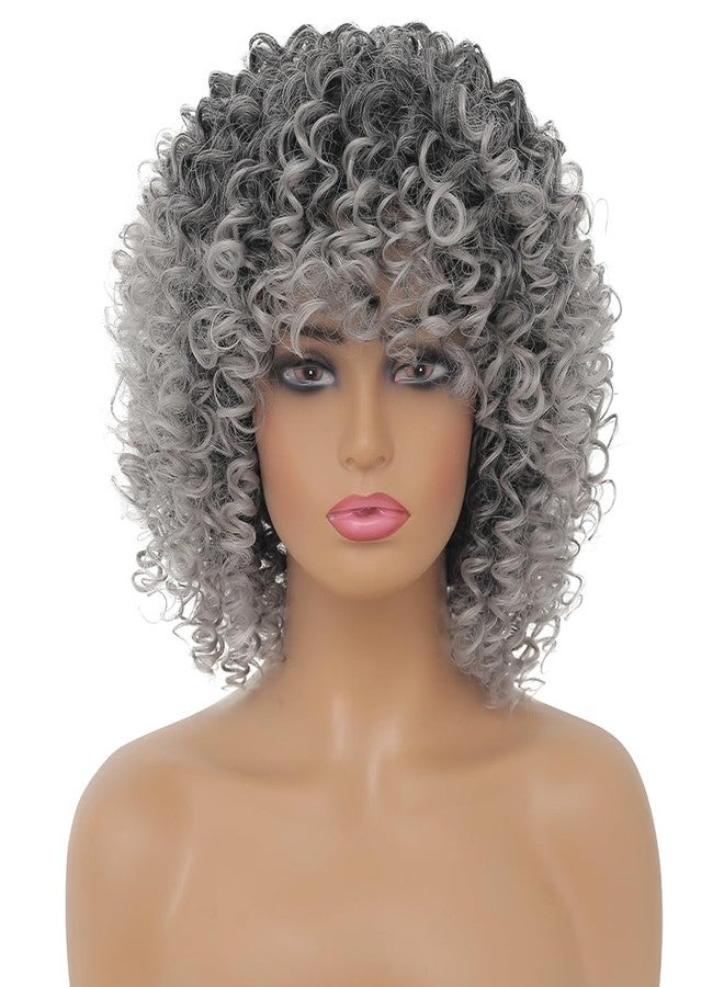 Dai Cloud Grey Afro Curly Wigs for Black Women Dark Roots with Bangs Wig Short Wave Kinky Synthetic Daily Use Wig - Image 5