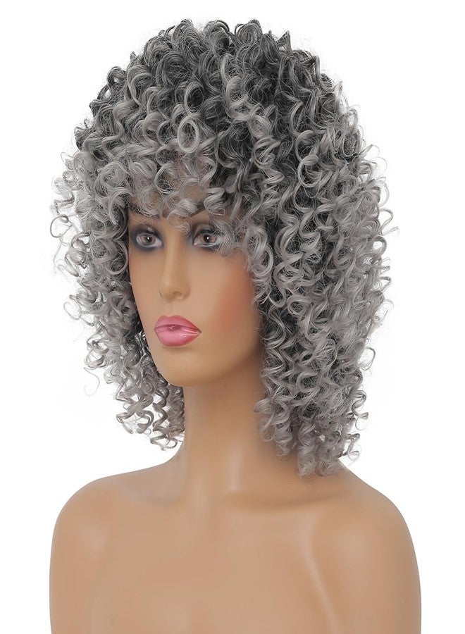 Dai Cloud Grey Afro Curly Wigs for Black Women Dark Roots with Bangs Wig Short Wave Kinky Synthetic Daily Use Wig - Image 2