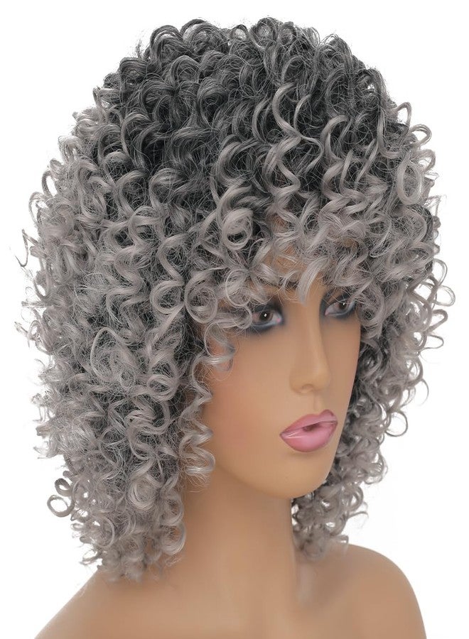 Dai Cloud Grey Afro Curly Wigs for Black Women Dark Roots with Bangs Wig Short Wave Kinky Synthetic Daily Use Wig - Image 4
