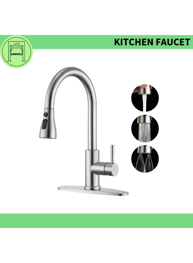 Kitchen Faucet with Deck Plate - Stainless Steel High Arc Pull-Down Sink Mixer with 3 Flow Modes, Swivel Spout, Hot & Cold Water Tap, Modern Heavy Duty Design - Image 1