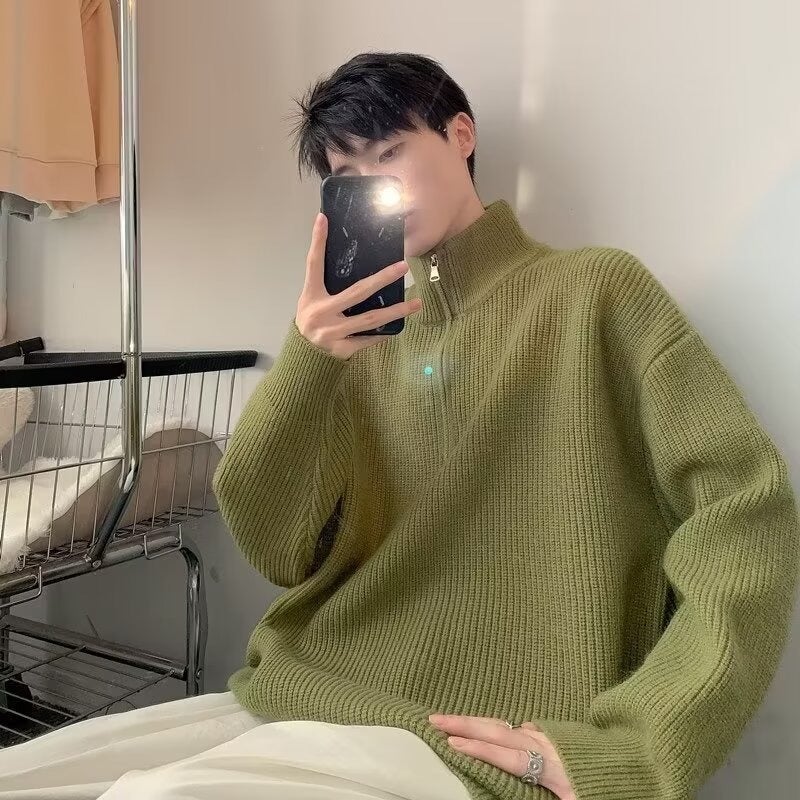 Cardigan Green Autumn and Winter New Half-zip Turtleneck Sweater for Men's Couples Unisex Style Lazy High-end Loose Knit