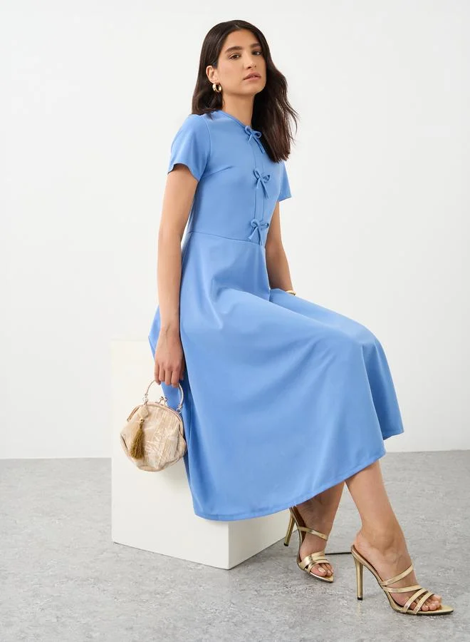 Take Two Take Two Solid Round Neck Bow Detail Midi Dress