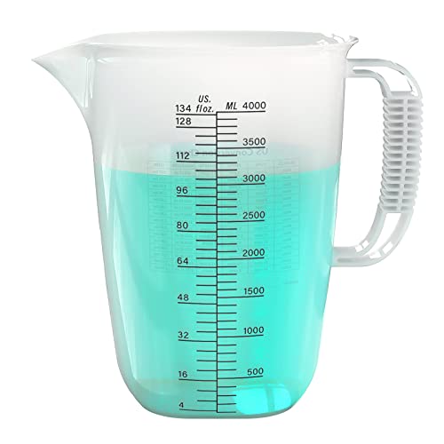 Luvan 1 Gallon Measuring Pitcher Large Measuring Cup with Spout and Handle 134oz Plastic measuring pitcher with Conversion Chart 1 Gallon Measuring Container for Motor Oil Chemicals Pools Lawns