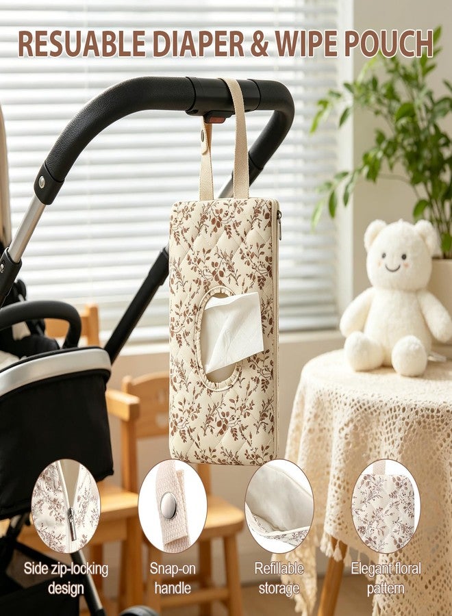 MOASIOP Baby Wipes Dispenser, Portable Hanging Floral Wet Wipes Pouch, Refillable Quilted Wipe Holder with Lanyard for Diaper Bag, Stroller, Car, Home & Travel, Beige - Image 4