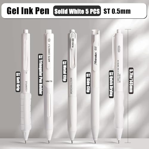 VideMundi 5 Count Pastel Gel Ink Pen Set,Cute Note Taking 0.5mm Fine Point Retractable 5 Count Black Ink Pens for Writing, Journaling, School, Office (White) - Image 2