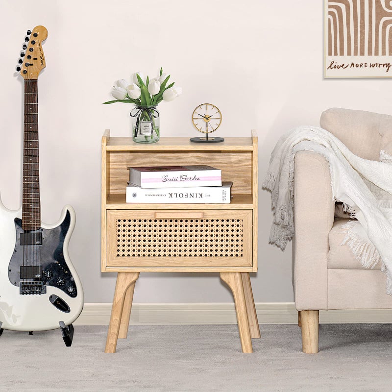 Lerliuo Rattan Nightstand, Boho Side Table with Drawer Open Shelf, Cane Accent Bedside End Table with Solid Wood Legs for Bedroom, Dorm and Small Spaces (Natural) - Image 4